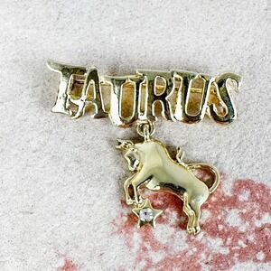 Vintage Danecraft Gold Tone Taurus Zodiac Brooch Pin Bull Rhinestone Star